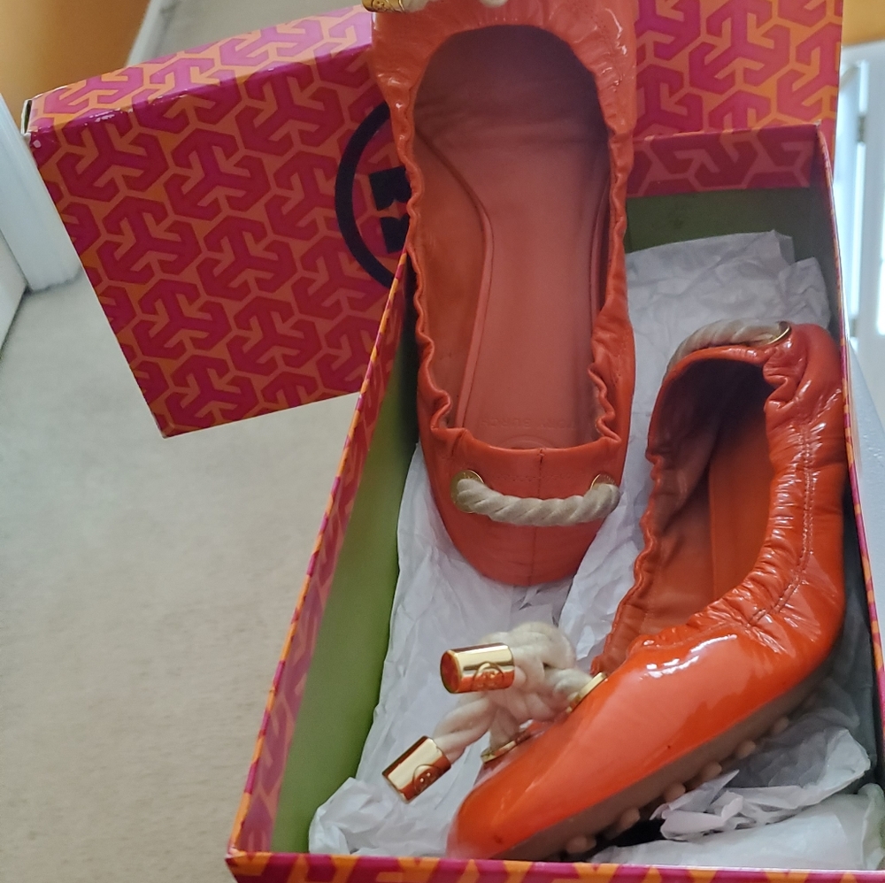 Tory Burch Orange Patent Leather Ballet Shoes